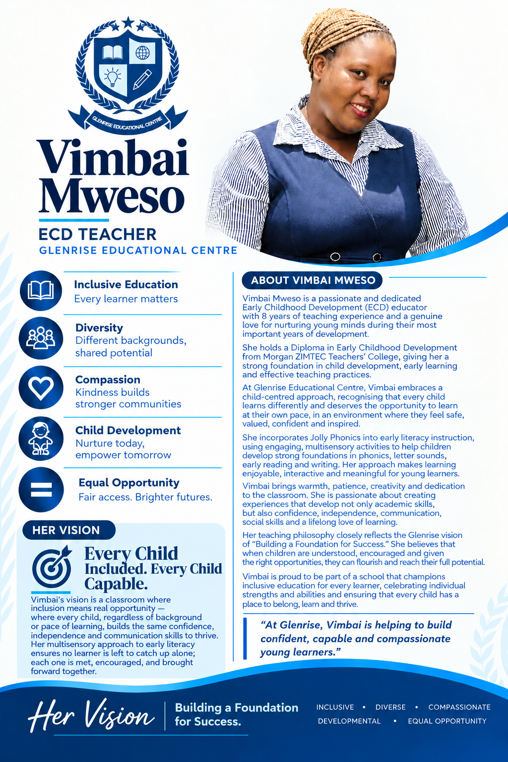 Vimbai Mweso, ECD Teacher at Glenrise Educational Centre &mdash; profile card with her bio and vision for inclusive early childhood education